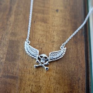 Rhinestone Skull / wings sterling silver necklace